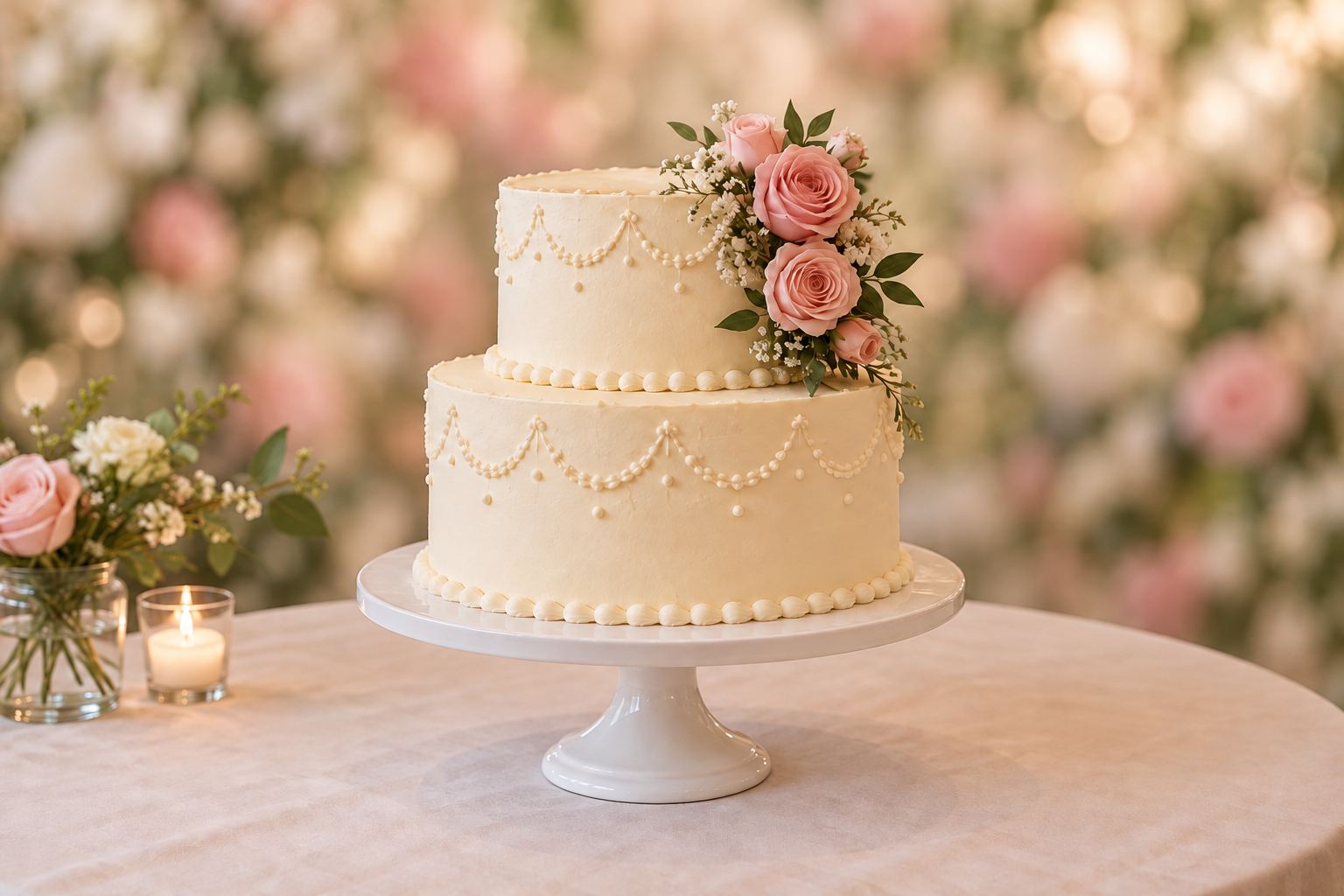 Pastel blanco de dos pisos con rosas rosadas